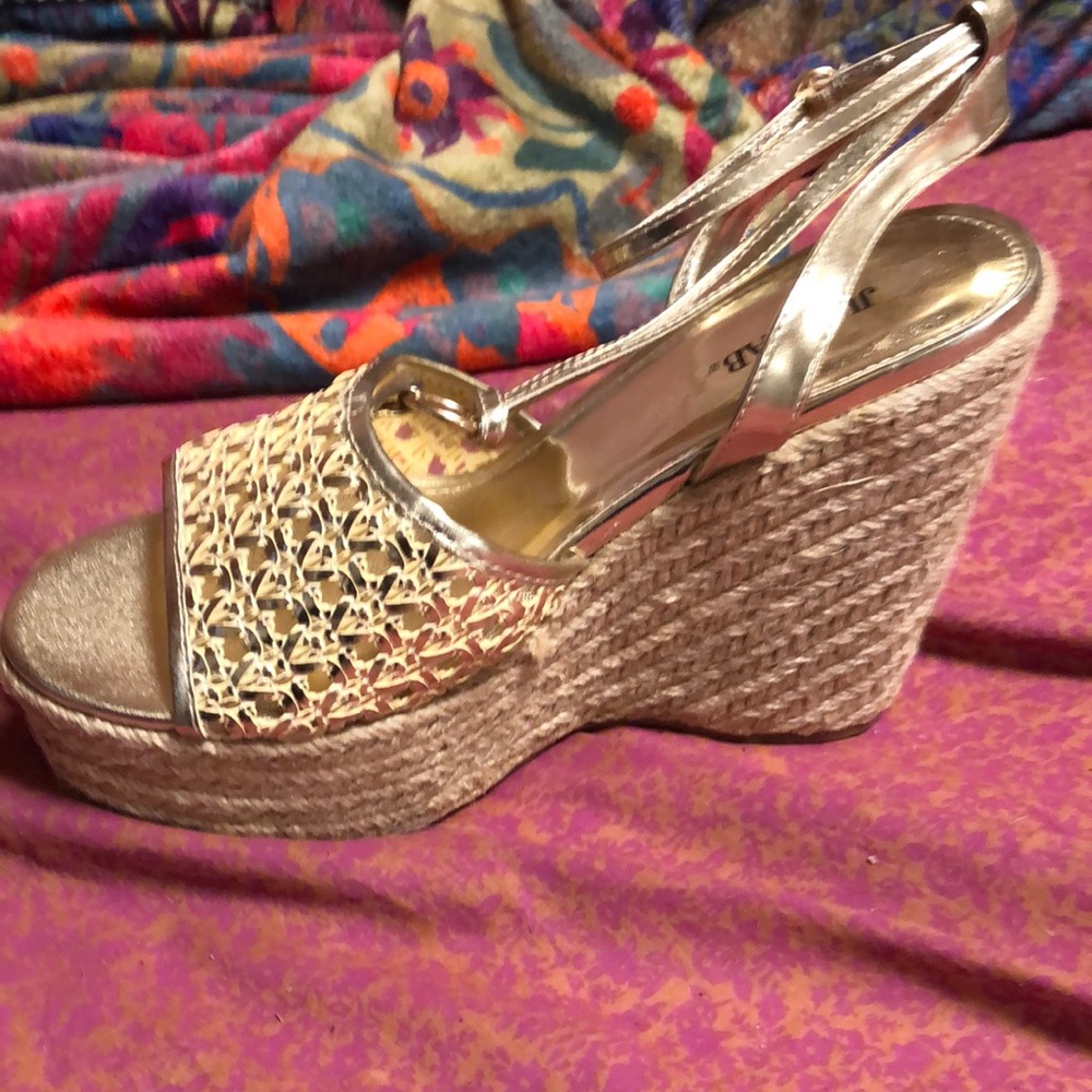 NWOT Shoe dazzle gold high wedge strapped sandals never worn